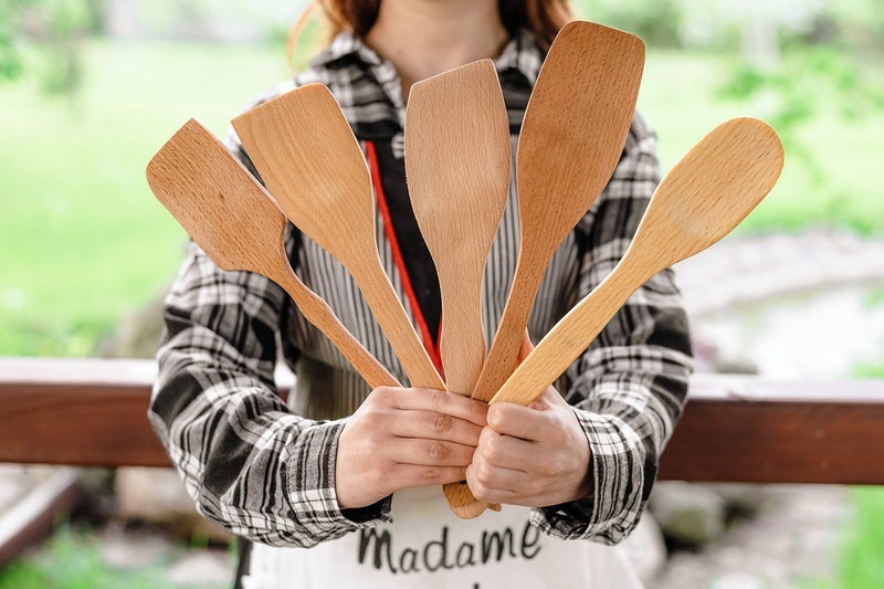ECOSALL Nonstick Wooden Spoons For Cooking â€“ 5 European Premium Spoons Set - 100% Healthy and Natural Wooden Spatula â€“ Long Handled, Strong, Durable, Solid Wood Cooking Utensils for Everyday Cooking - Image 3